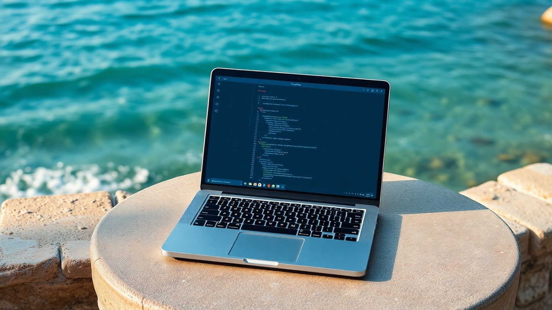 Laptop s otvorenim editorom koda na kamenom stolu uz jadransku obalu